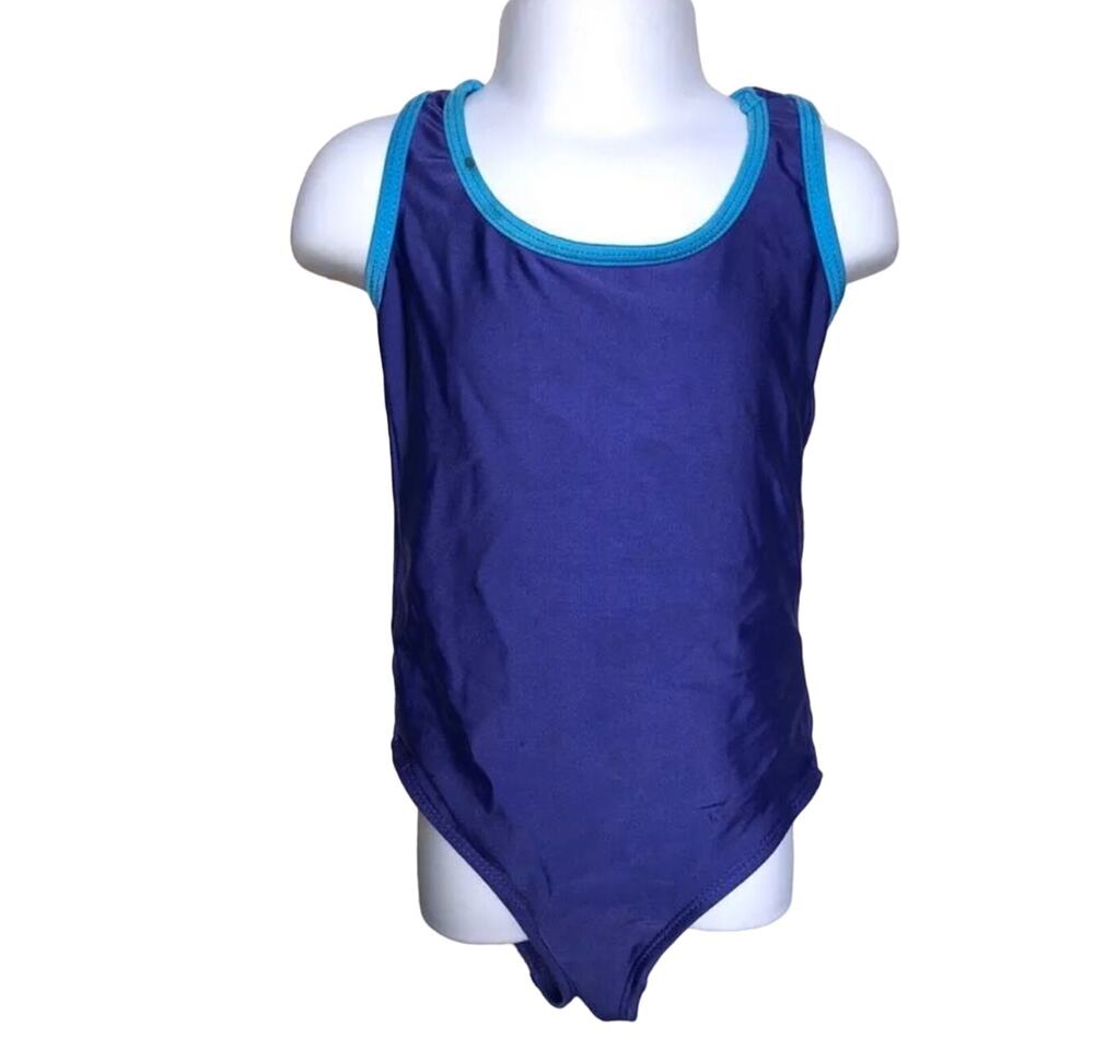 Girls XS 4-5 OP Purple One Piece Racerback Turquoise Blue Trim Swimsuit Swimwear